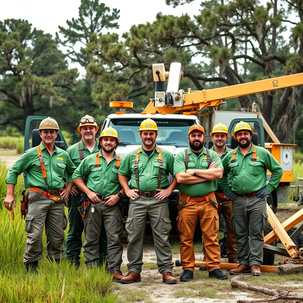 Tree Services Savannah GA crew with bucket truck and chipper on a coastal Georgia job