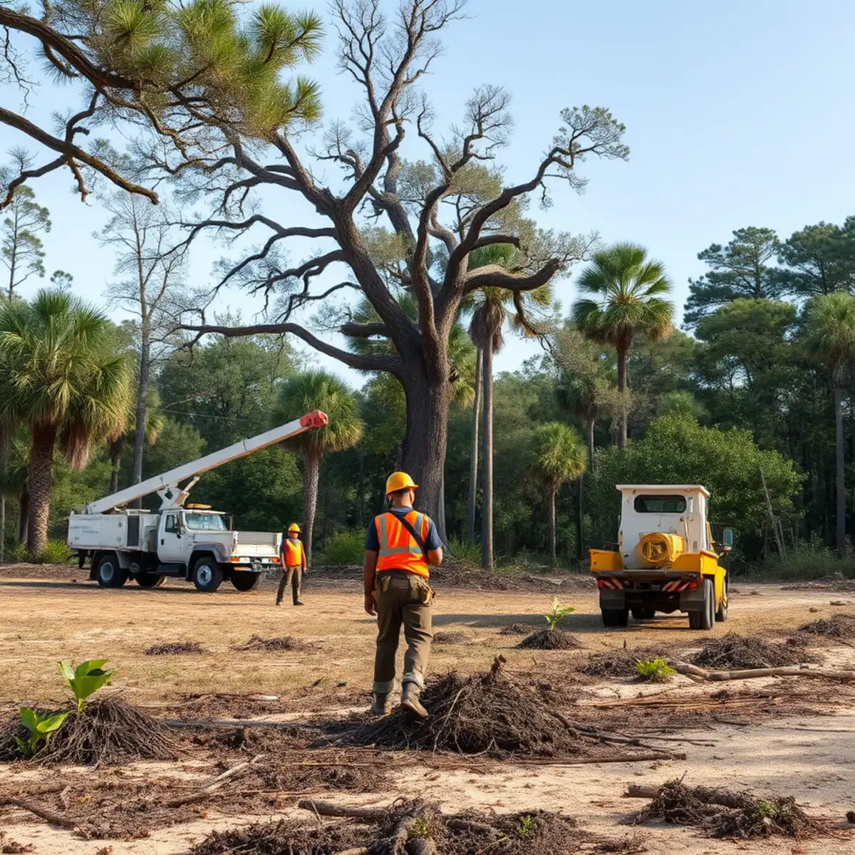 A partially cleared wooded building lot in coastal Georgia with live oaks left standing and brush removed