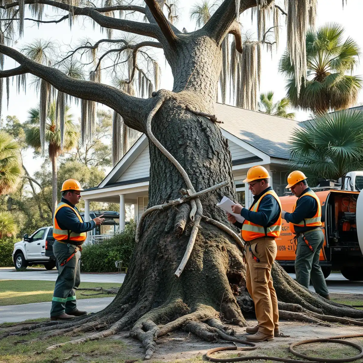 Storm-damaged tree resting against a Georgia home with an insurance adjuster taking notes
