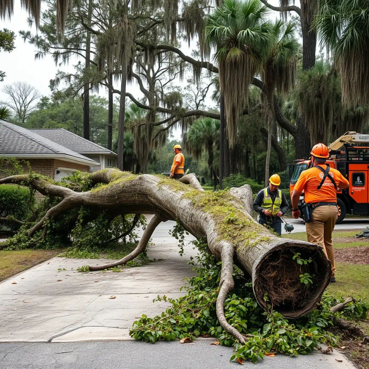 Fallen tree lying across a residential driveway on Whitemarsh Island, GA after a storm