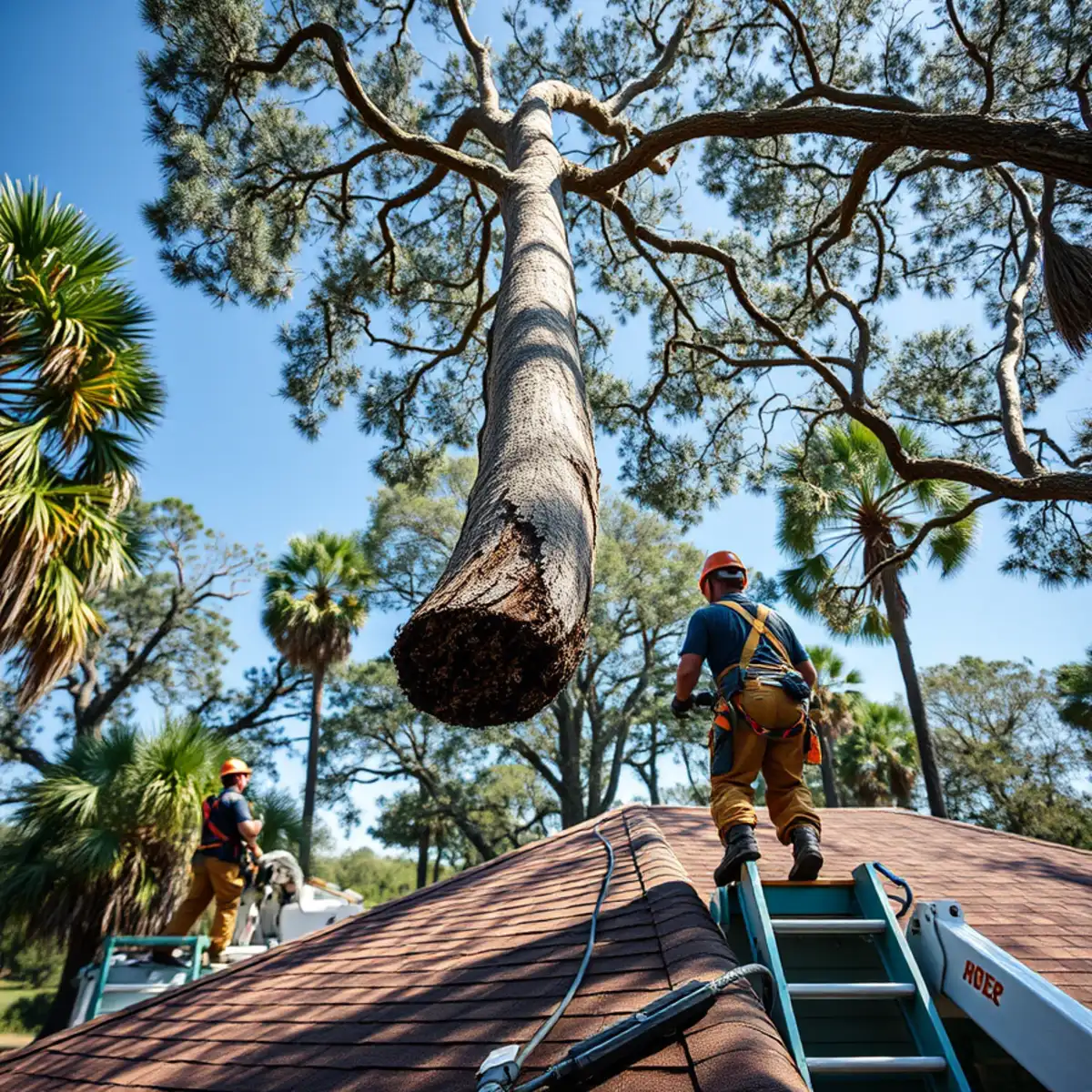 Broken pine limb hung up in the canopy directly above a Pooler, GA rooftop
