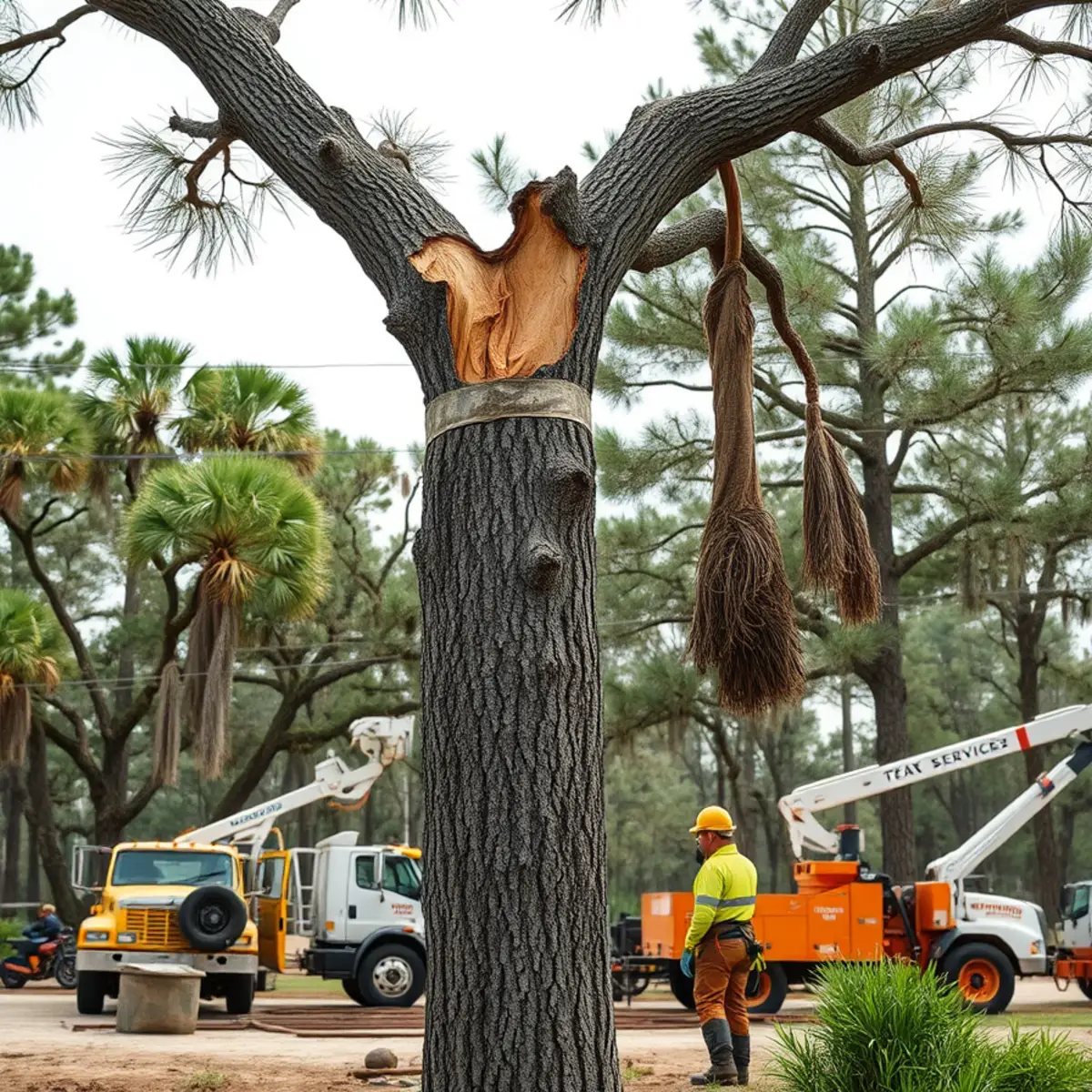 A pine with a cracked upper trunk and hanging broken limb left over from Hurricane Helene in east Georgia