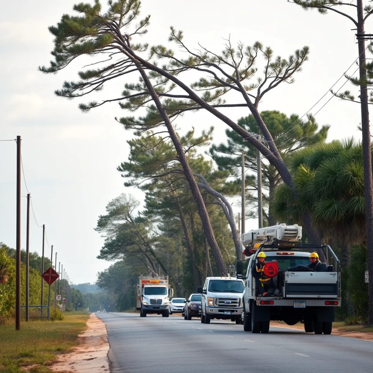 Wind-bent pines along a Chatham County street ahead of a coastal hurricane