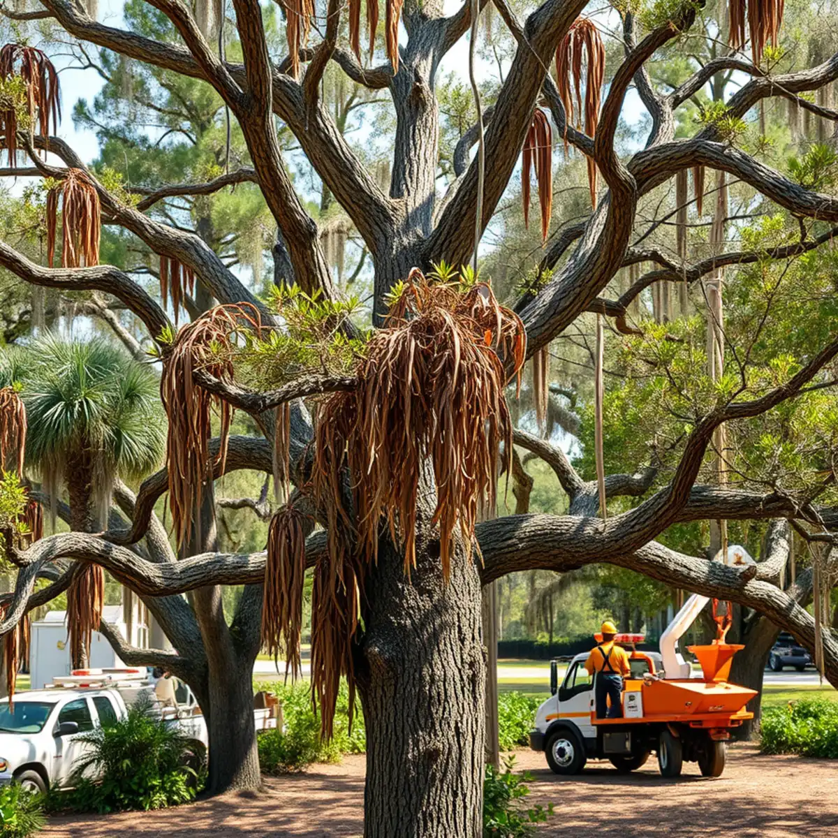 A redbay tree with wilted brown foliage still clinging to the branches, a classic sign of laurel wilt in coastal Georgia
