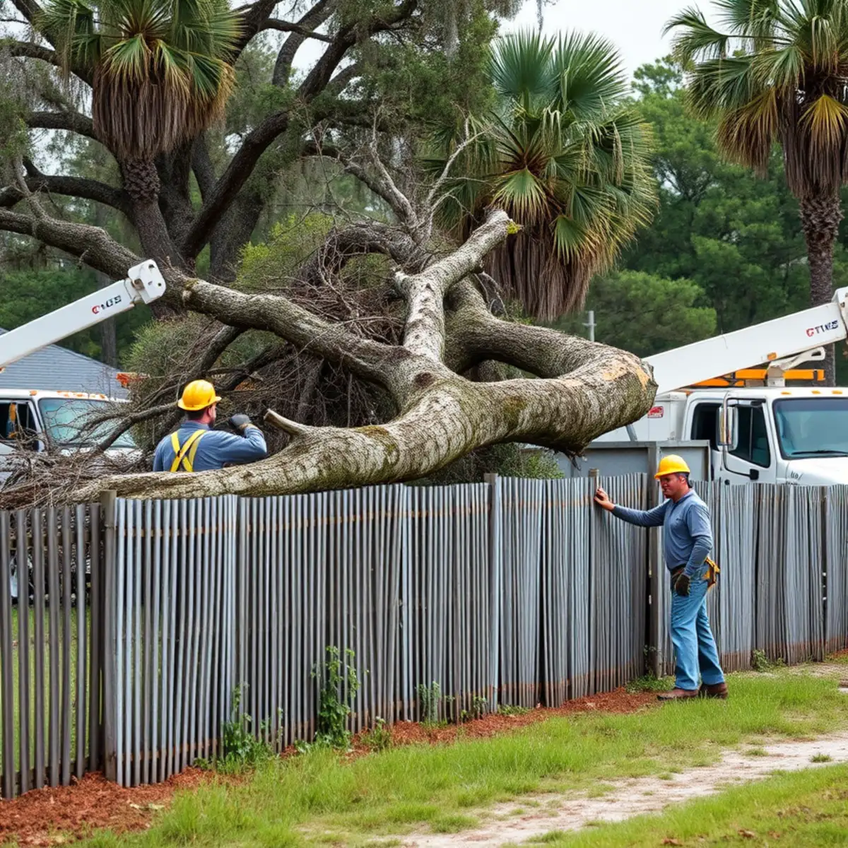 Neighbor's fallen tree lying across a fence between two Georgia properties