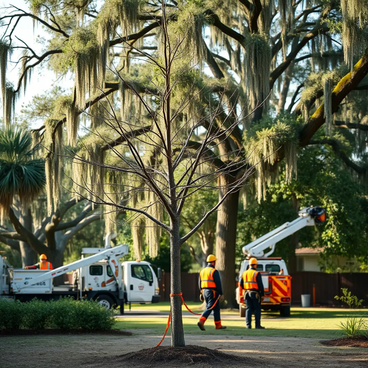 A bare dead tree standing leafless beside leafed-out green trees in a Savannah, GA yard