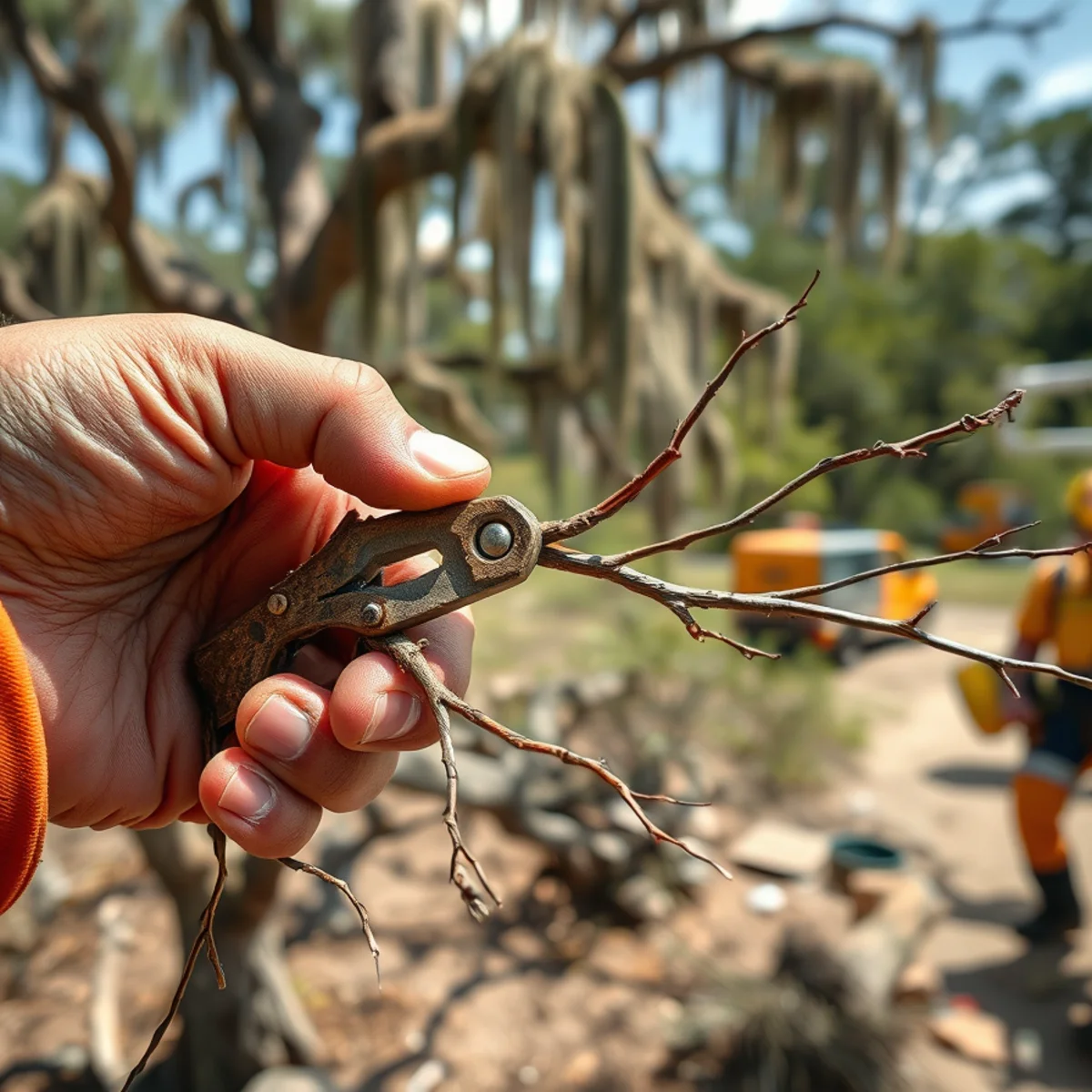 A hand snapping a dry, brittle dead branch that breaks cleanly with no green inside