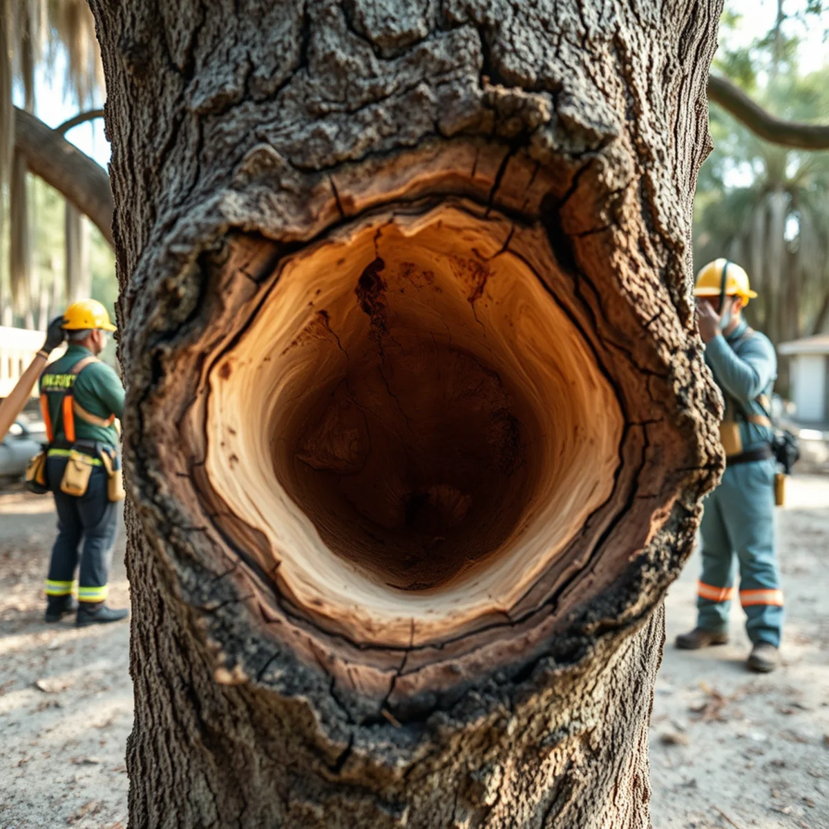 A hollow, decayed tree trunk cavity showing soft punky wood inside