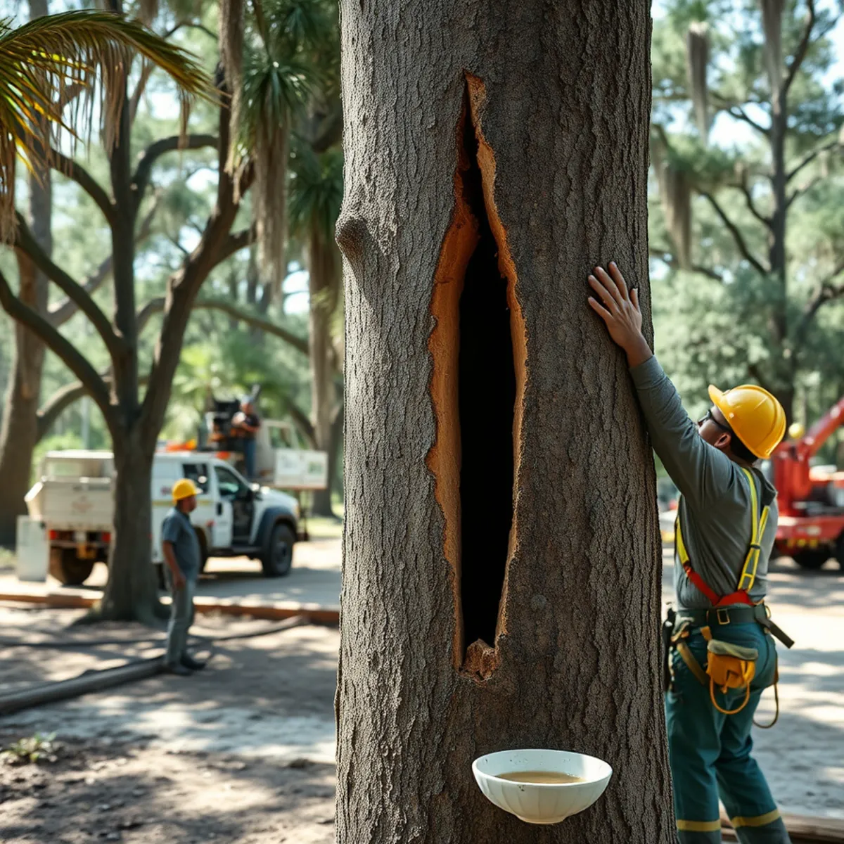 A long vertical crack and open cavity running up a large tree trunk