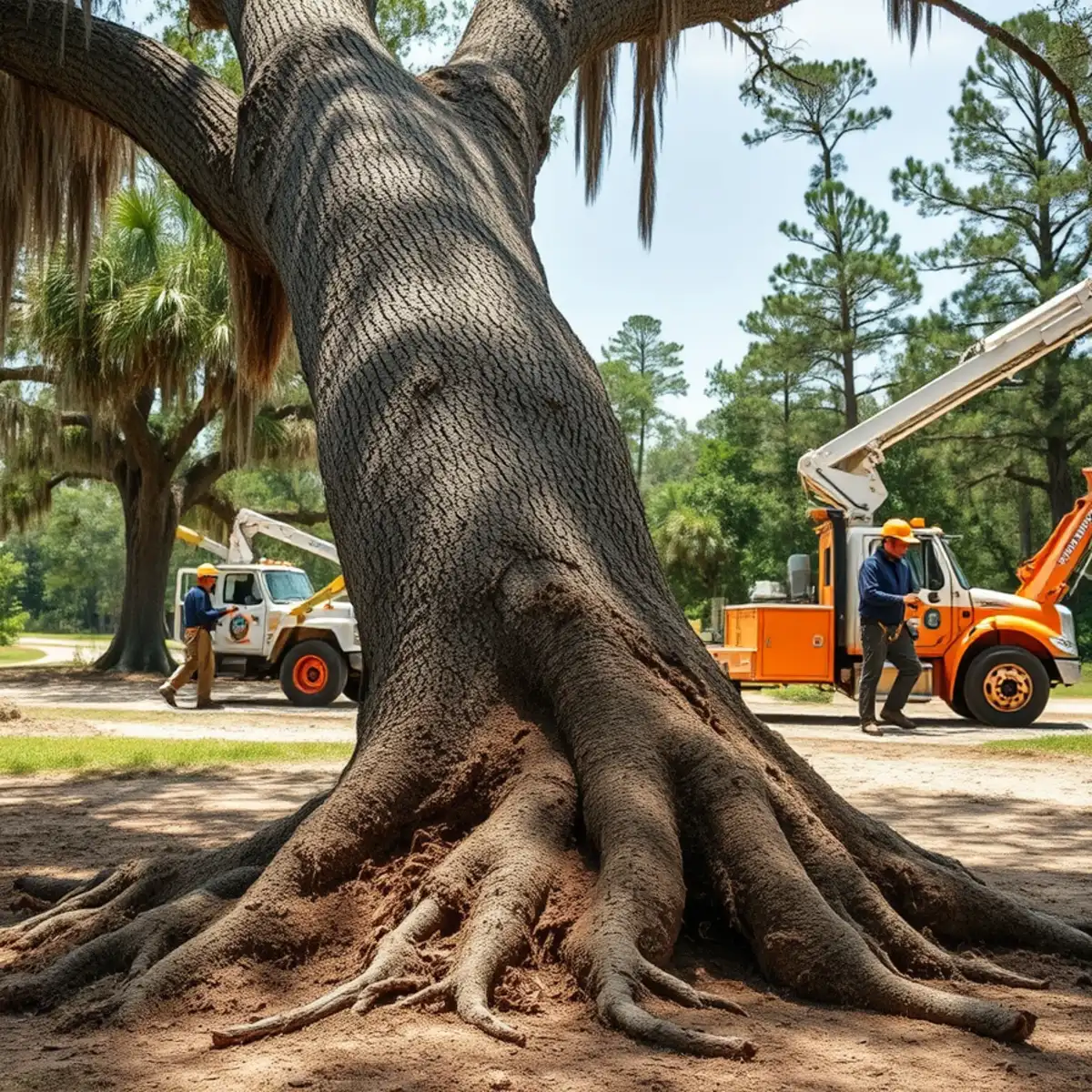 A leaning tree with soil heaving and the root plate lifting on one side of the base