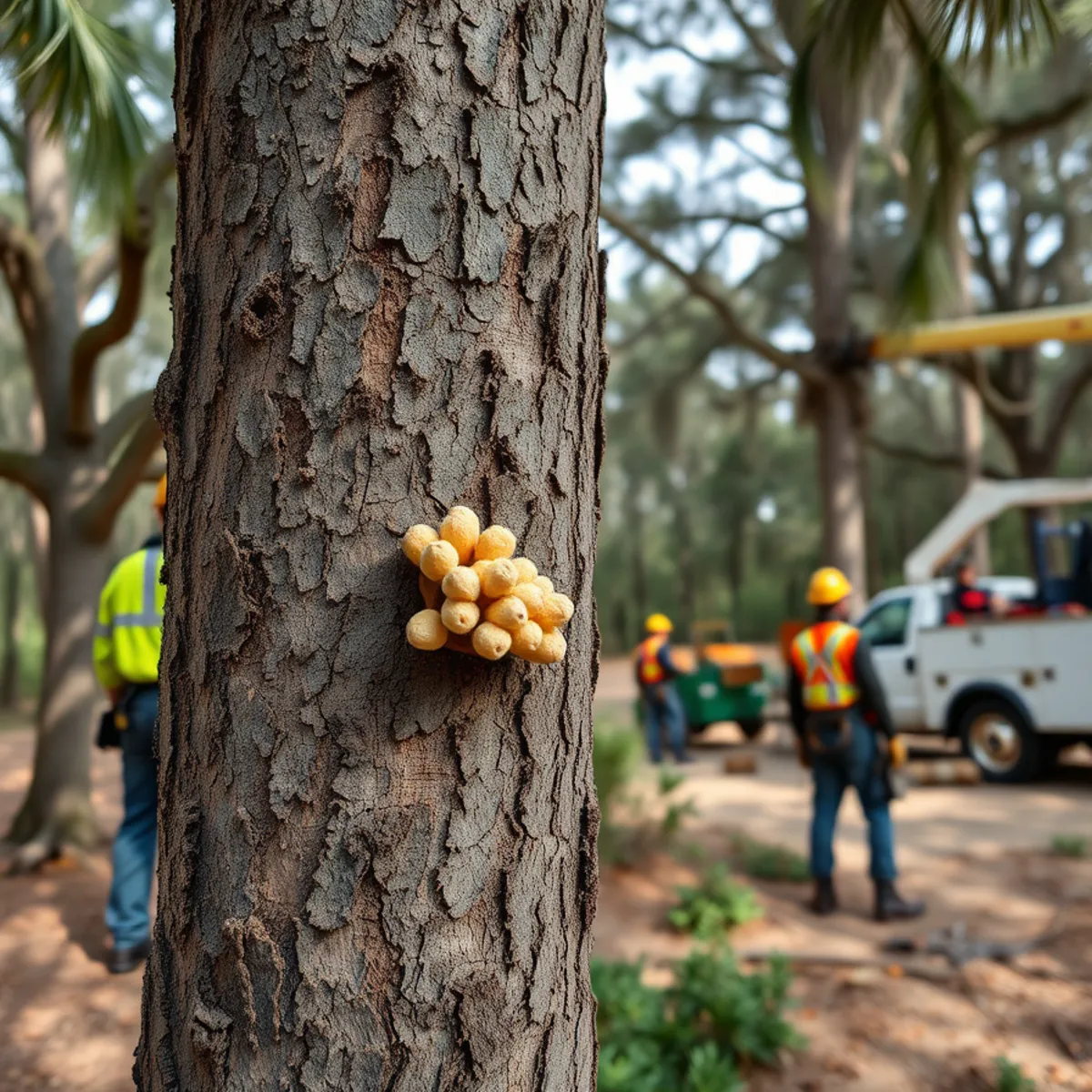 Pine trunk with small popcorn-like pitch tubes of resin, an early sign of southern pine beetle attack in southeast Georgia
