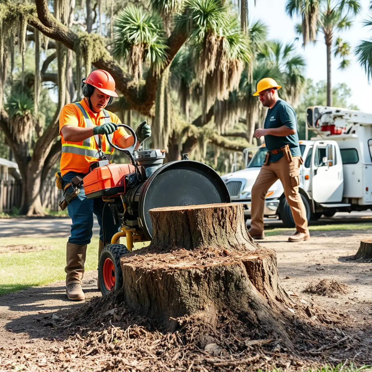 Stump grinder reducing a tree stump to mulch in a Pooler, GA backyard