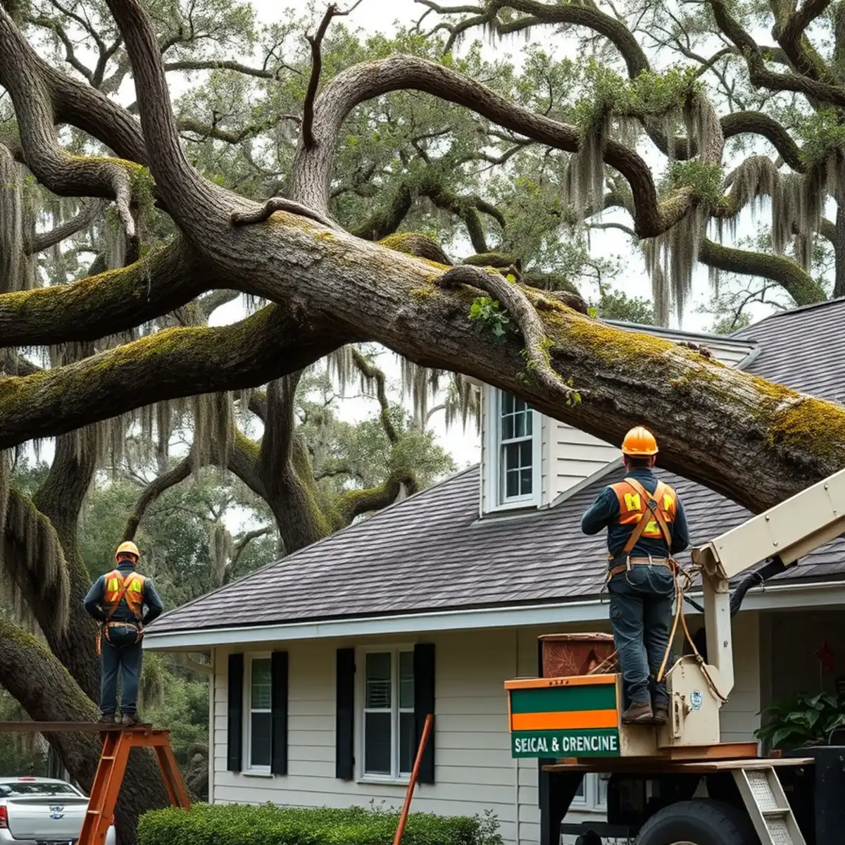 Large live oak limb resting on the roof of a Savannah, GA home after a storm