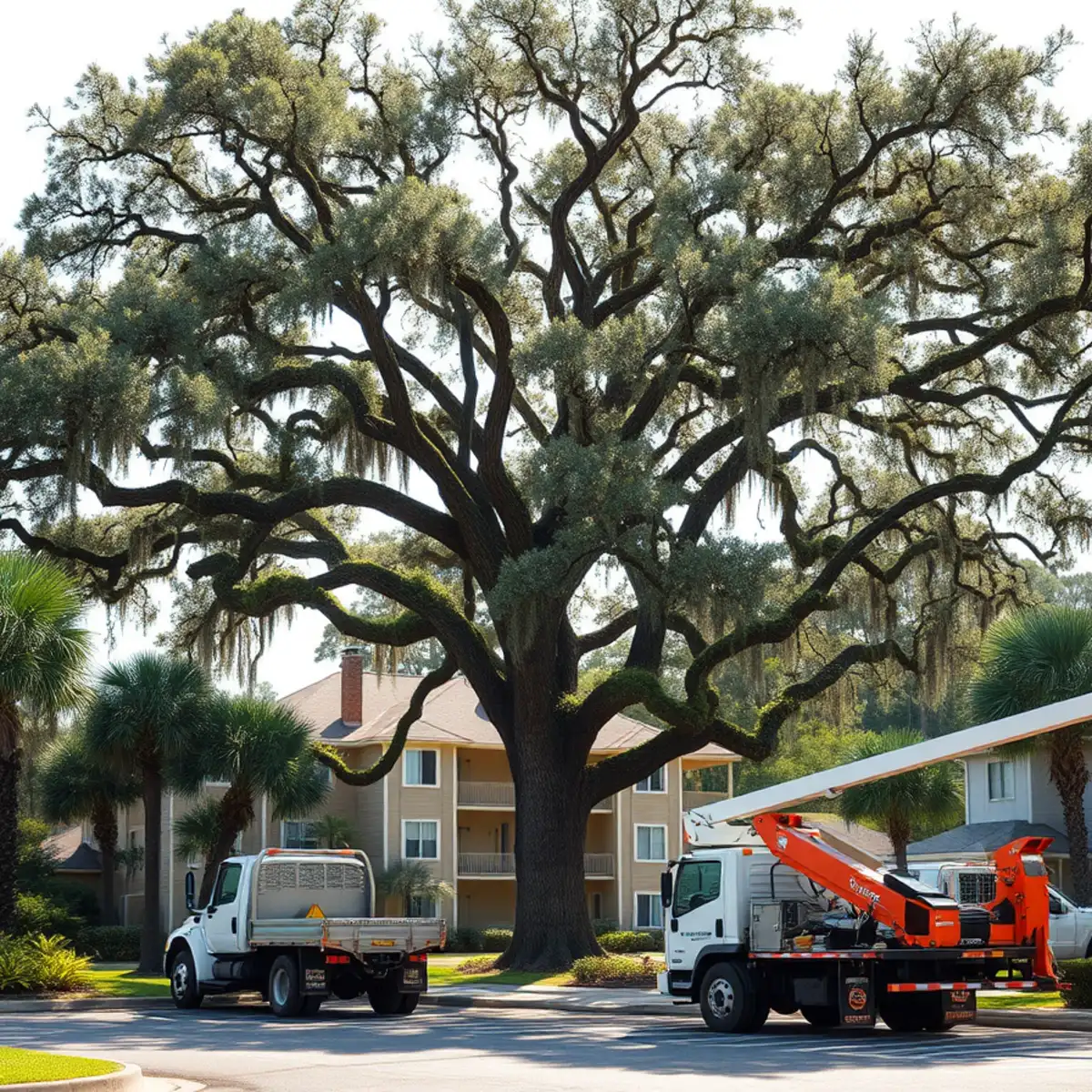 A large tree overhanging a multi-unit residential property and parking area managed by an HOA in the Savannah area