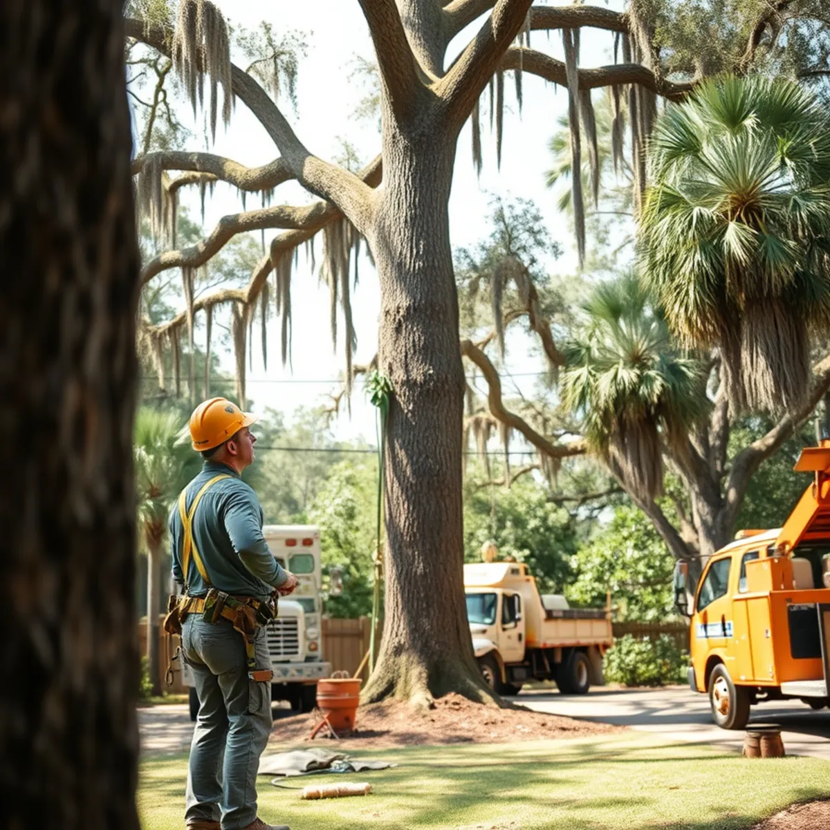 Arborist assessing a large tree for removal in a Savannah, GA residential yard