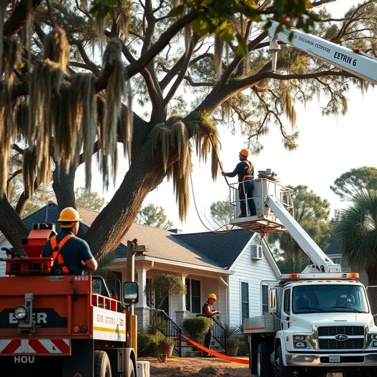 A crane lifting a large section of a tree over a house during a technical removal in a coastal Georgia neighborhood