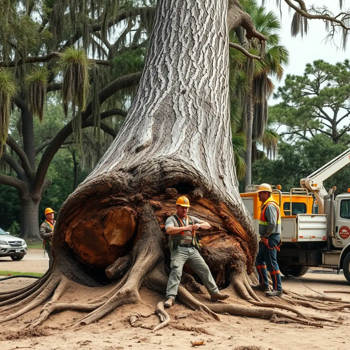 A large pine tipped over with its shallow root plate lifted out of sandy Savannah soil after a storm
