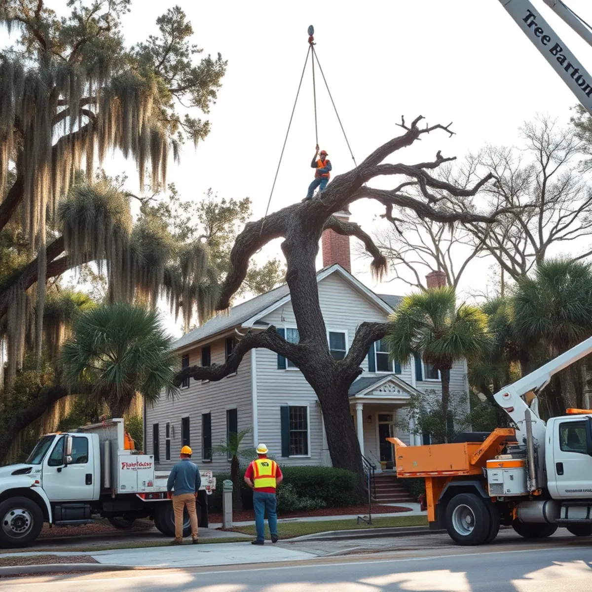 Crane lifting a large tree section over a house on a tight lot in Savannah, GA