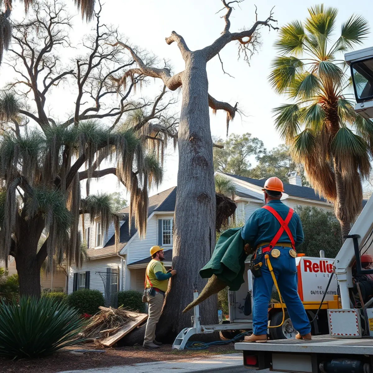 Dead standing tree being removed near a home in Savannah, GA