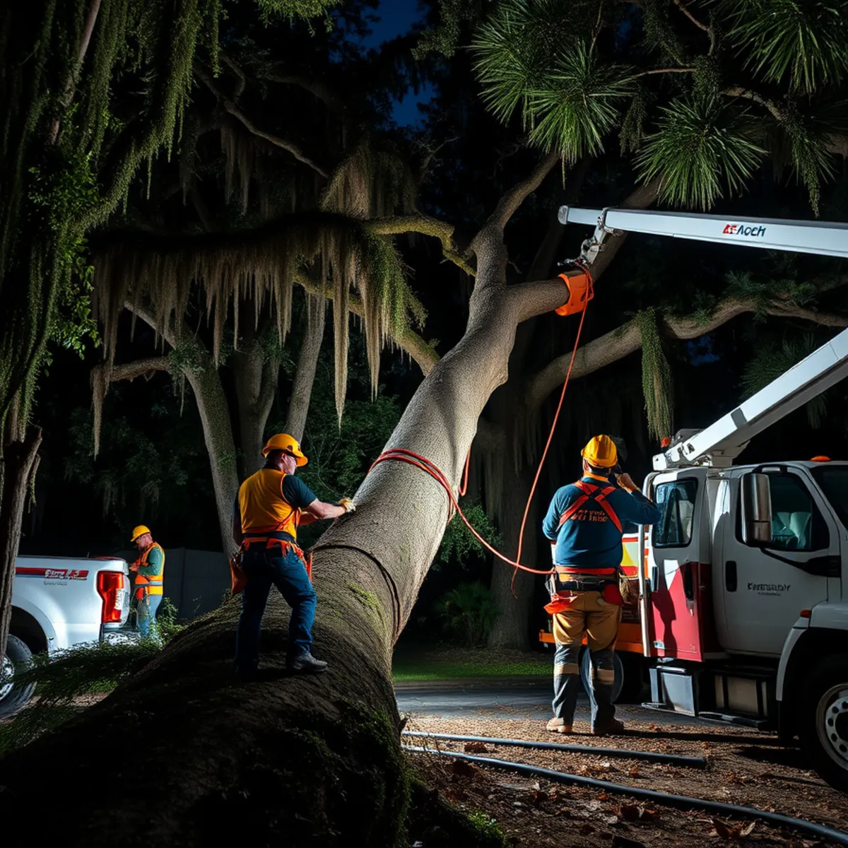 Emergency tree crew clearing a fallen tree at night in Savannah, GA