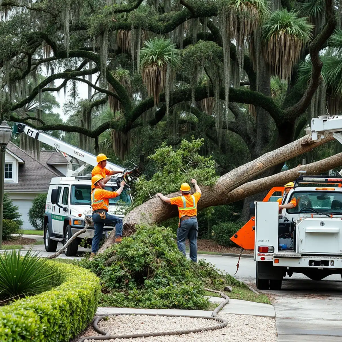 Crew cutting up a fallen tree blocking a driveway in Savannah, GA
