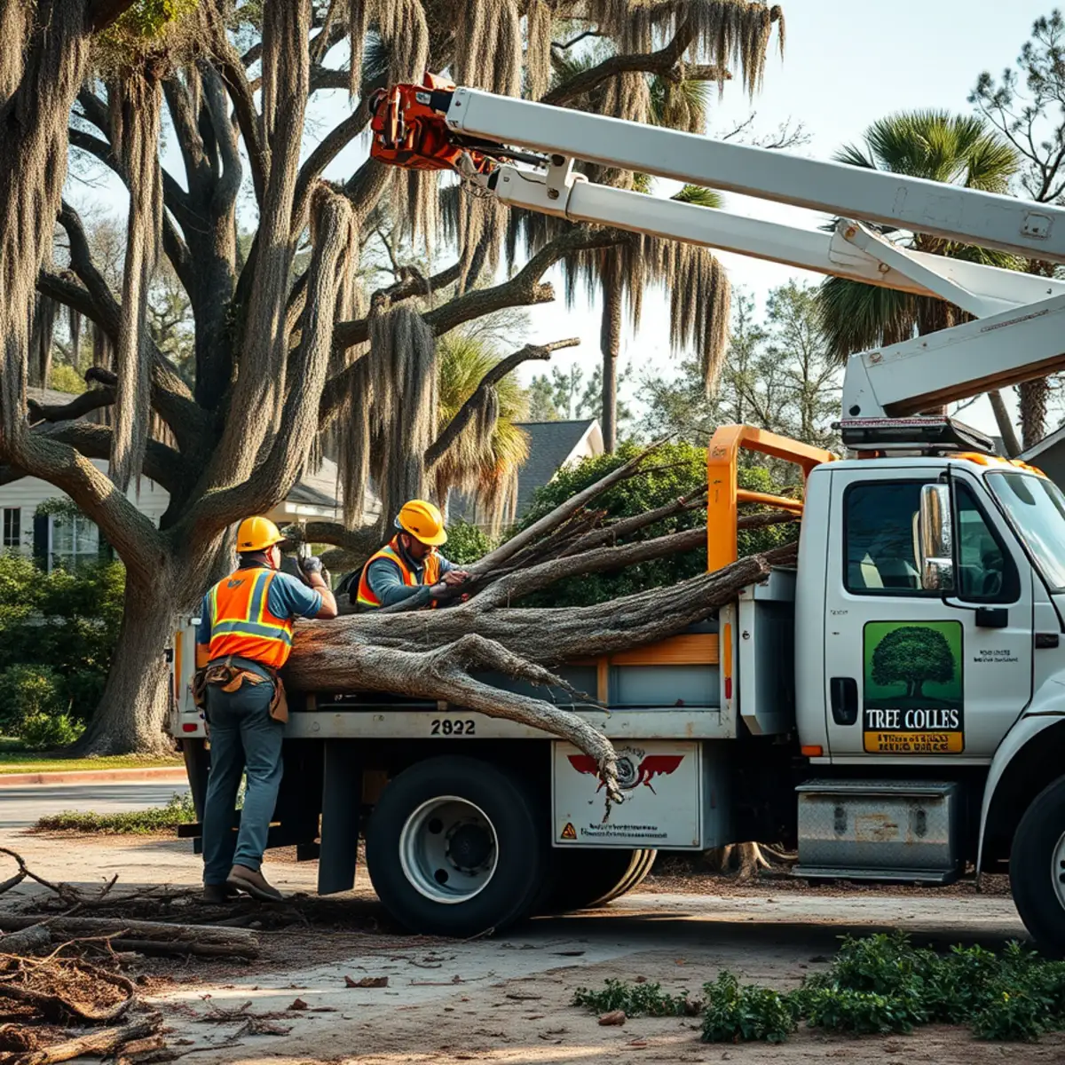 Grapple truck loading hurricane tree debris in Savannah, GA