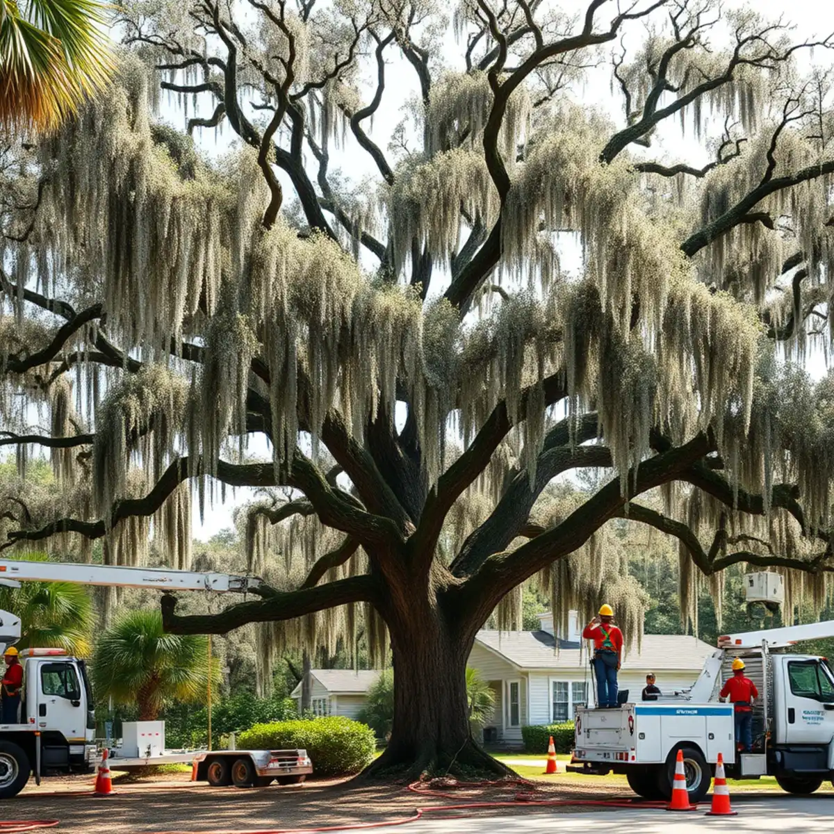 Mature live oak draped in Spanish moss being cared for in Savannah, GA