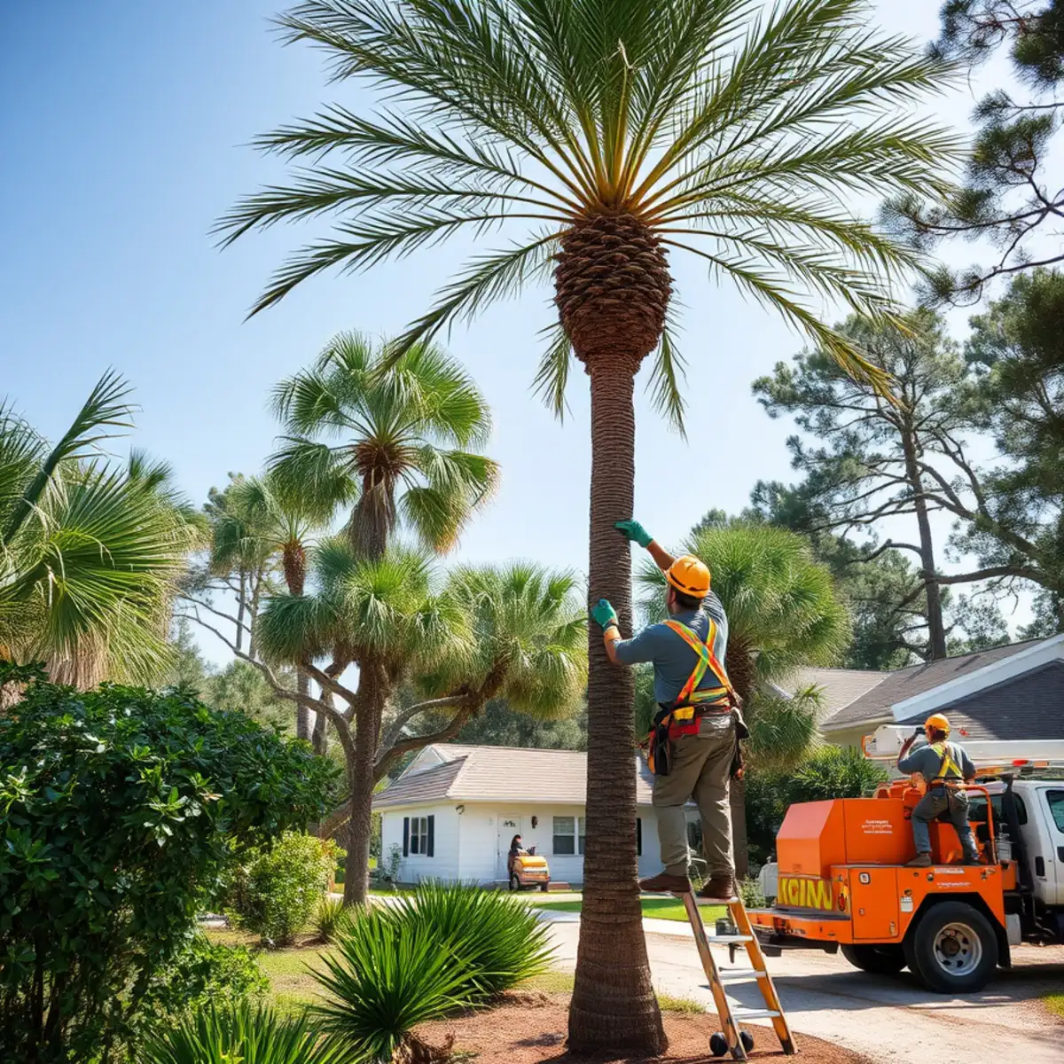 Palm tree being trimmed on a coastal property near Savannah, GA