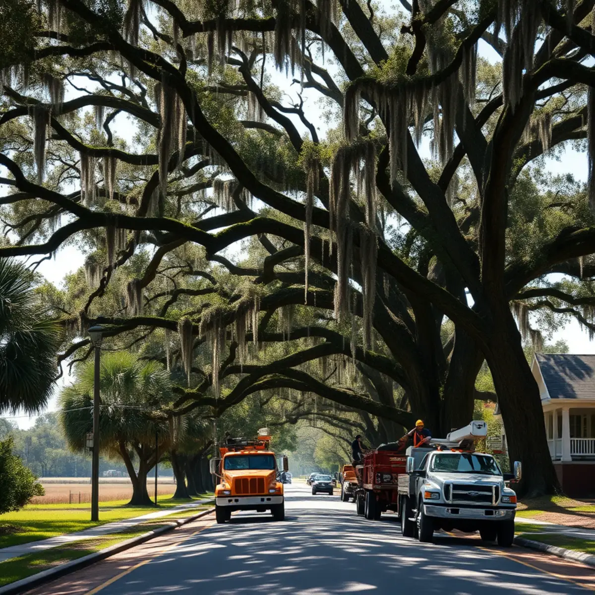 Live oak canopy over a coastal Georgia neighborhood served by Tree Services Savannah GA