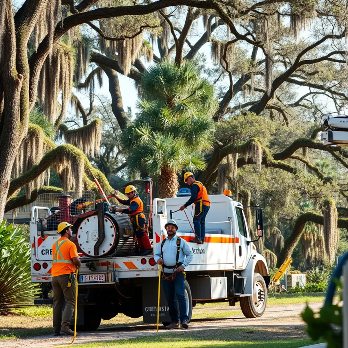 Tree service crew and equipment working in Savannah, GA