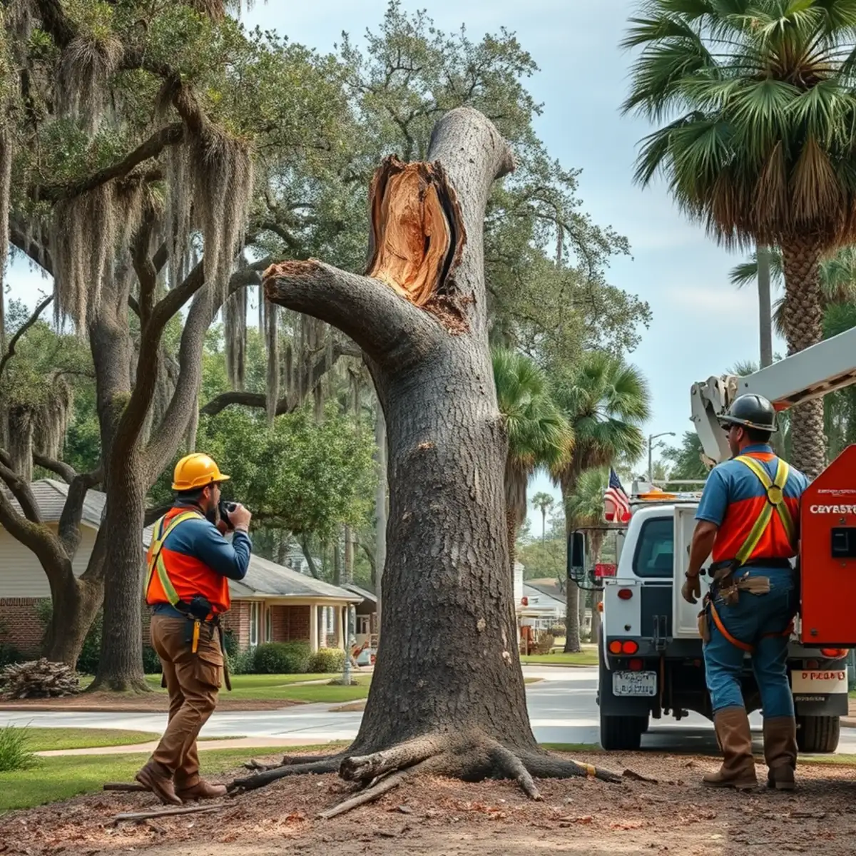 Storm-damaged tree with a split trunk being removed in Savannah, GA