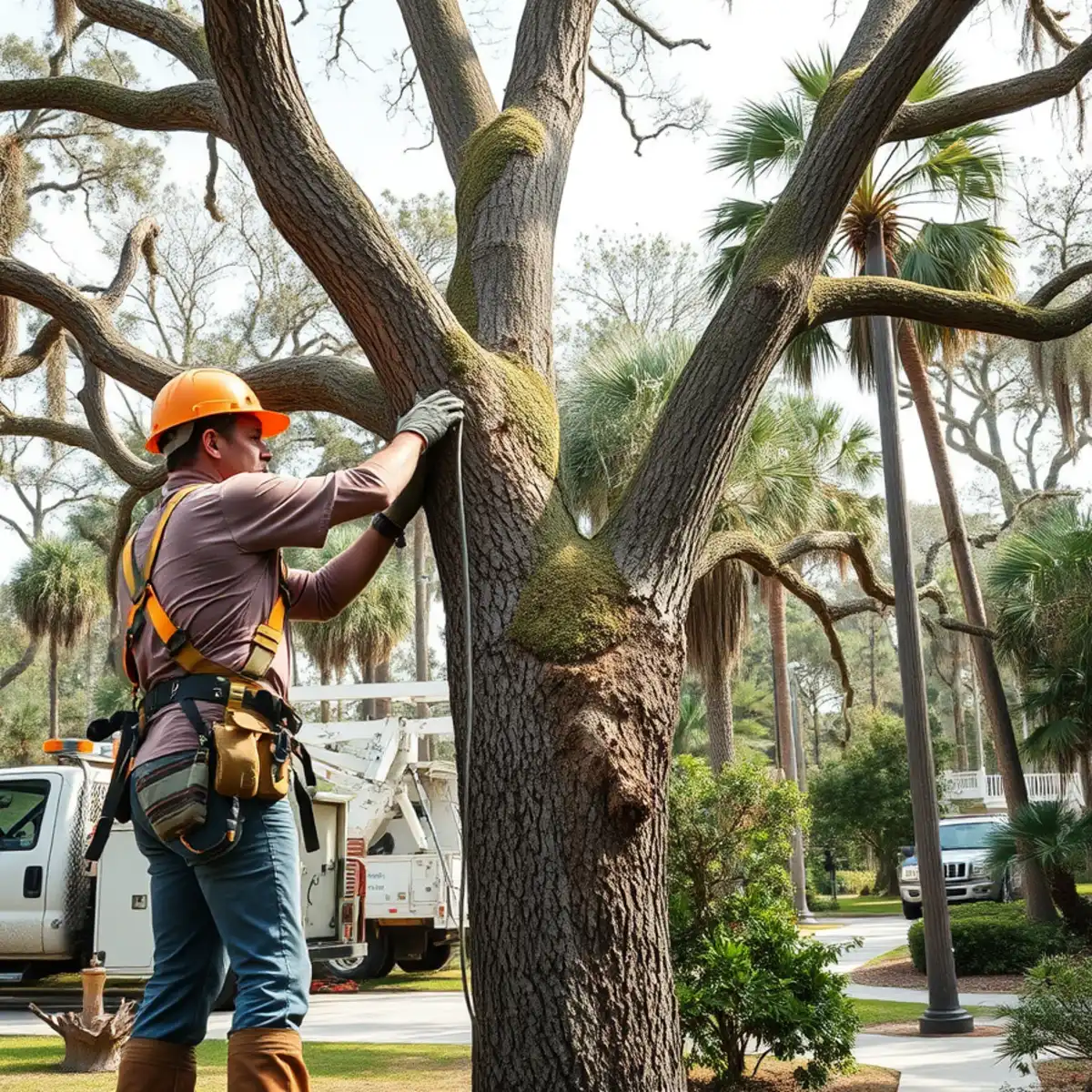 Arborist inspecting a declining tree for disease in Savannah, GA