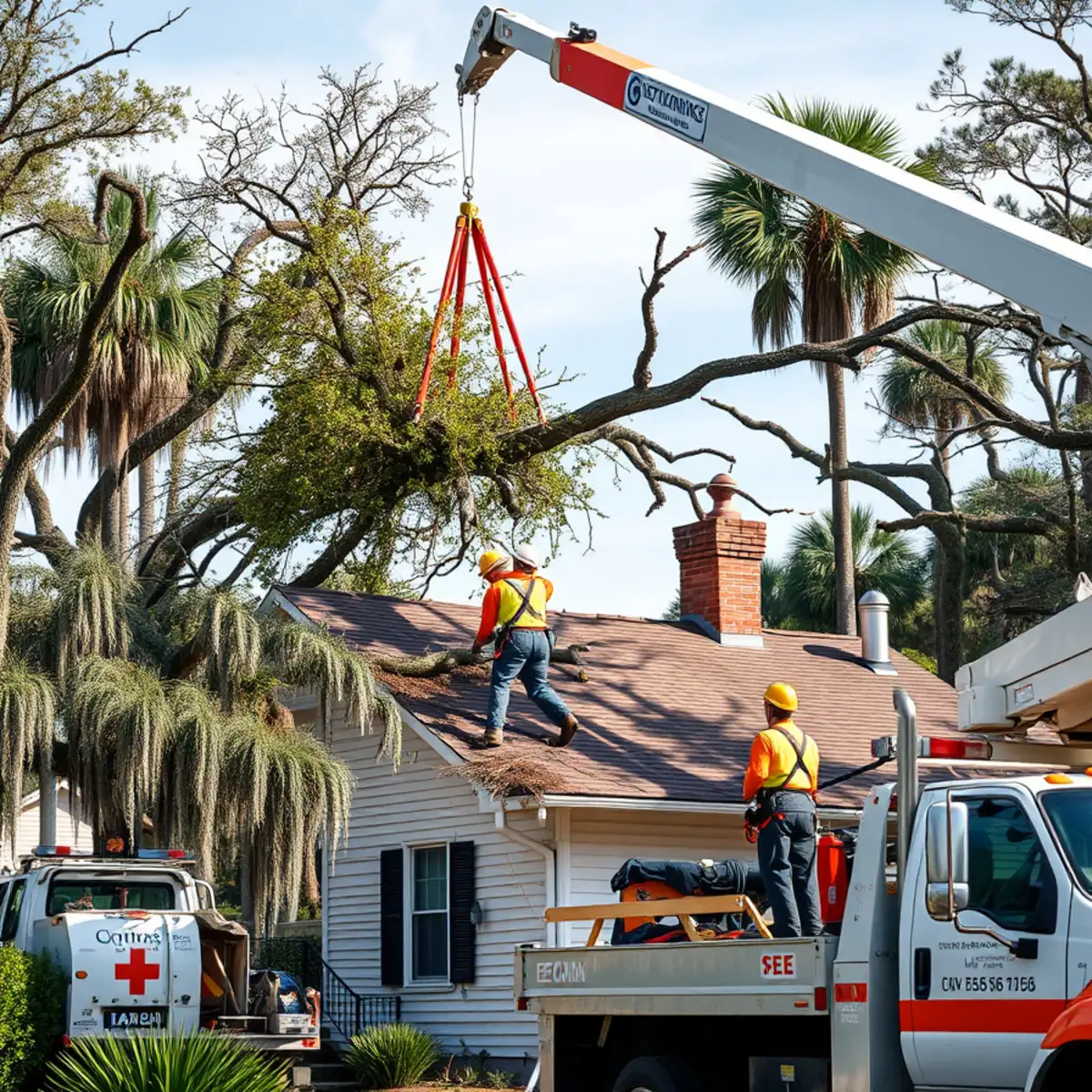 Crane lifting a fallen tree off a damaged house roof in Savannah, GA