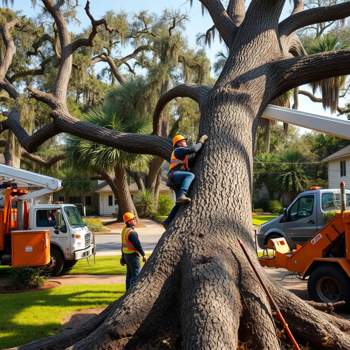 Arborist sectioning a large tree for removal in a Savannah, GA yard