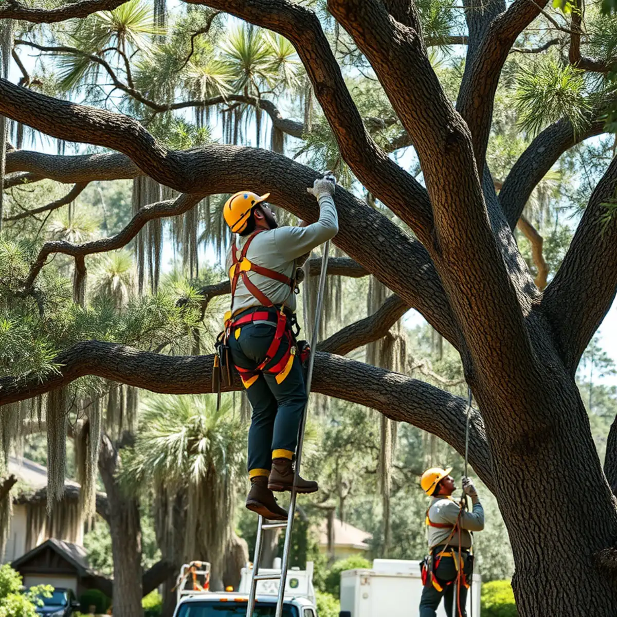 Climber pruning a live oak canopy in Savannah, GA